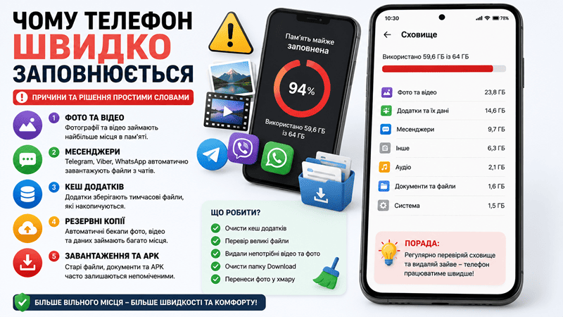 Чому телефон швидко заповнюється